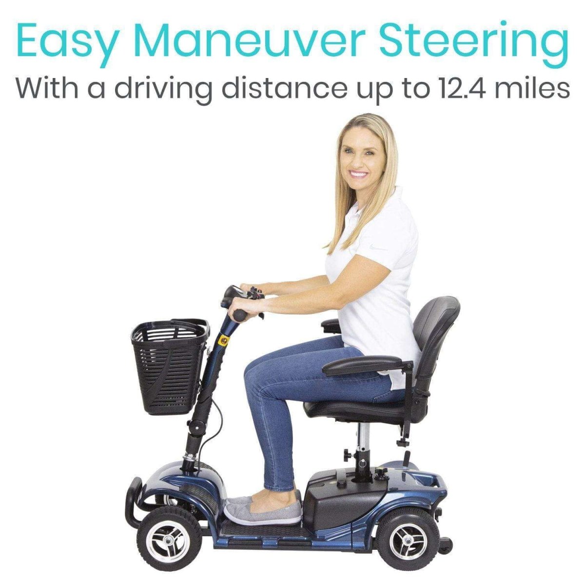 Blue mobility scooter with padded seat and front basket, front-wheel view
