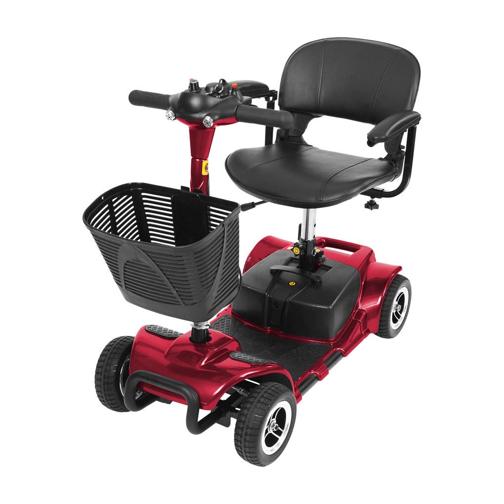 Red 4-wheel mobility scooter with black seat, armrests, and front basket