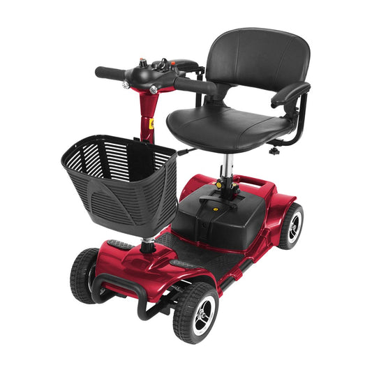 Red 4-wheel mobility scooter with black seat, armrests, and front basket