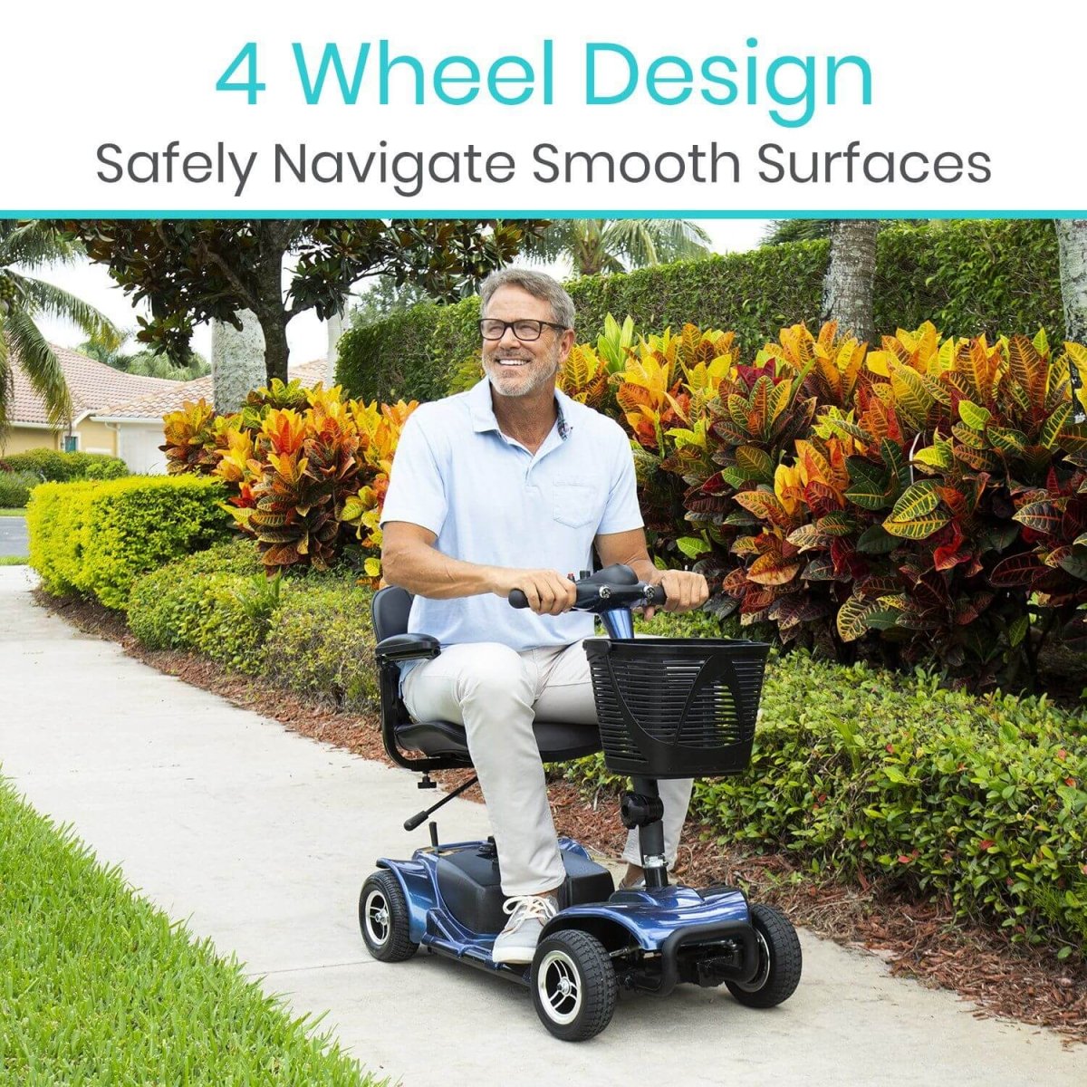 Blue 4-wheel mobility scooter with front basket and padded seat, outdoor view