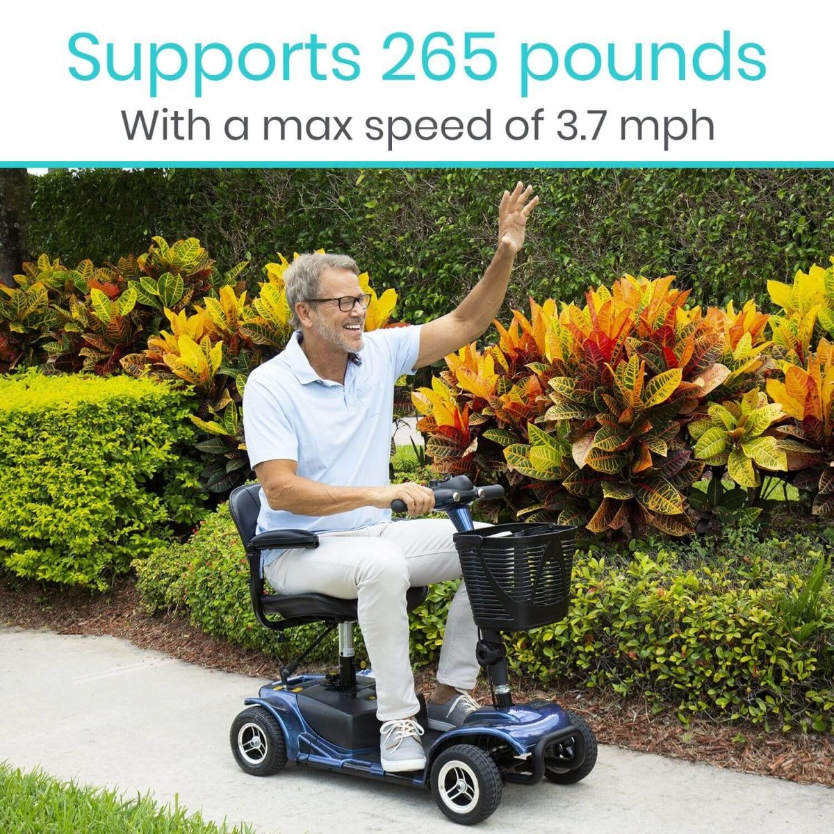 Blue 4-wheel mobility scooter with front basket and padded seat