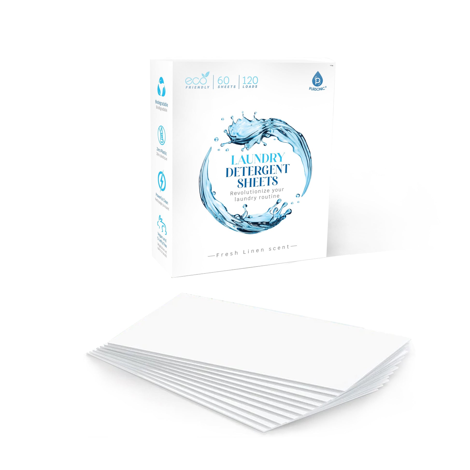 Laundry detergent sheet box with stacked white detergent sheets in front