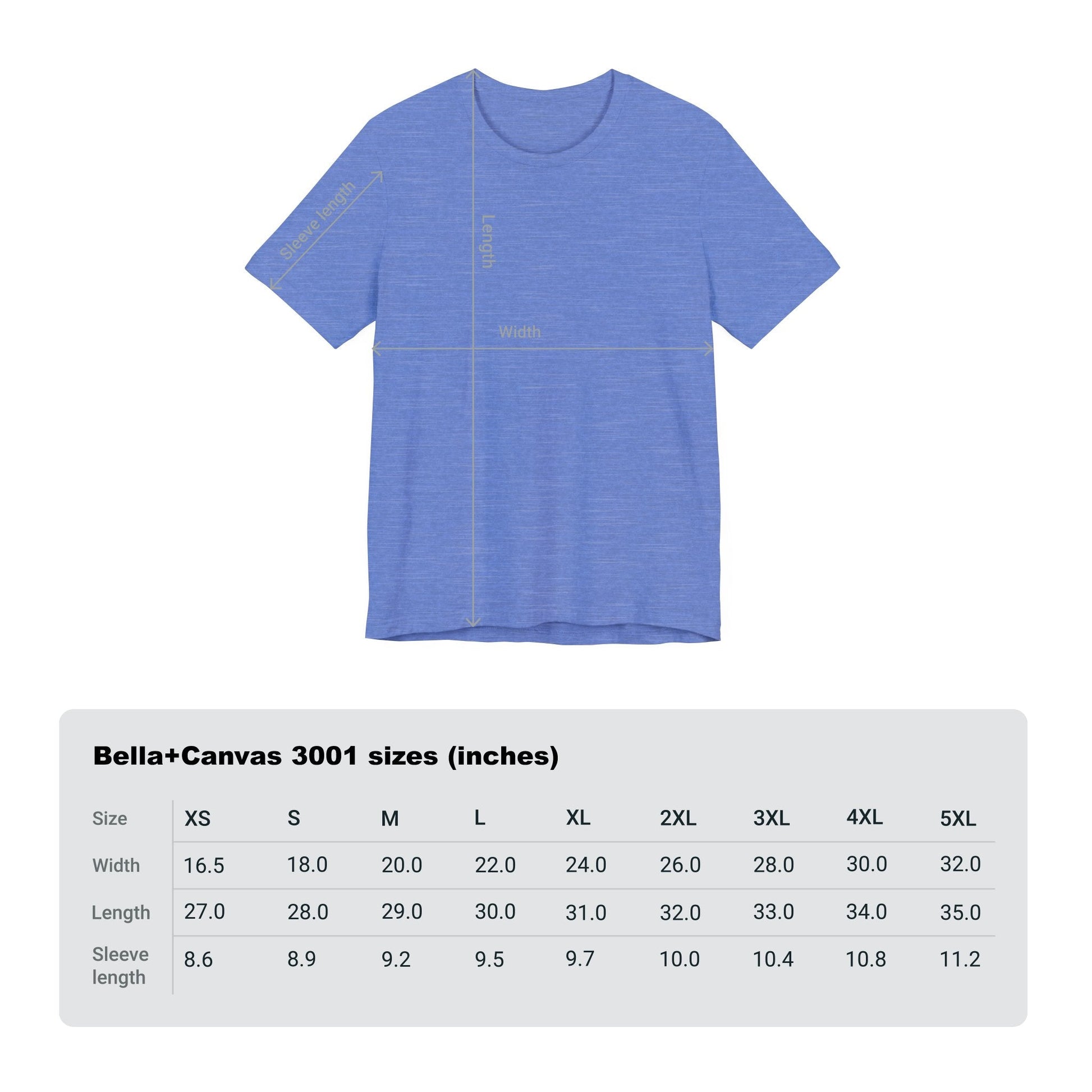 Heather blue unisex jersey tee with size chart overlay and measurement lines