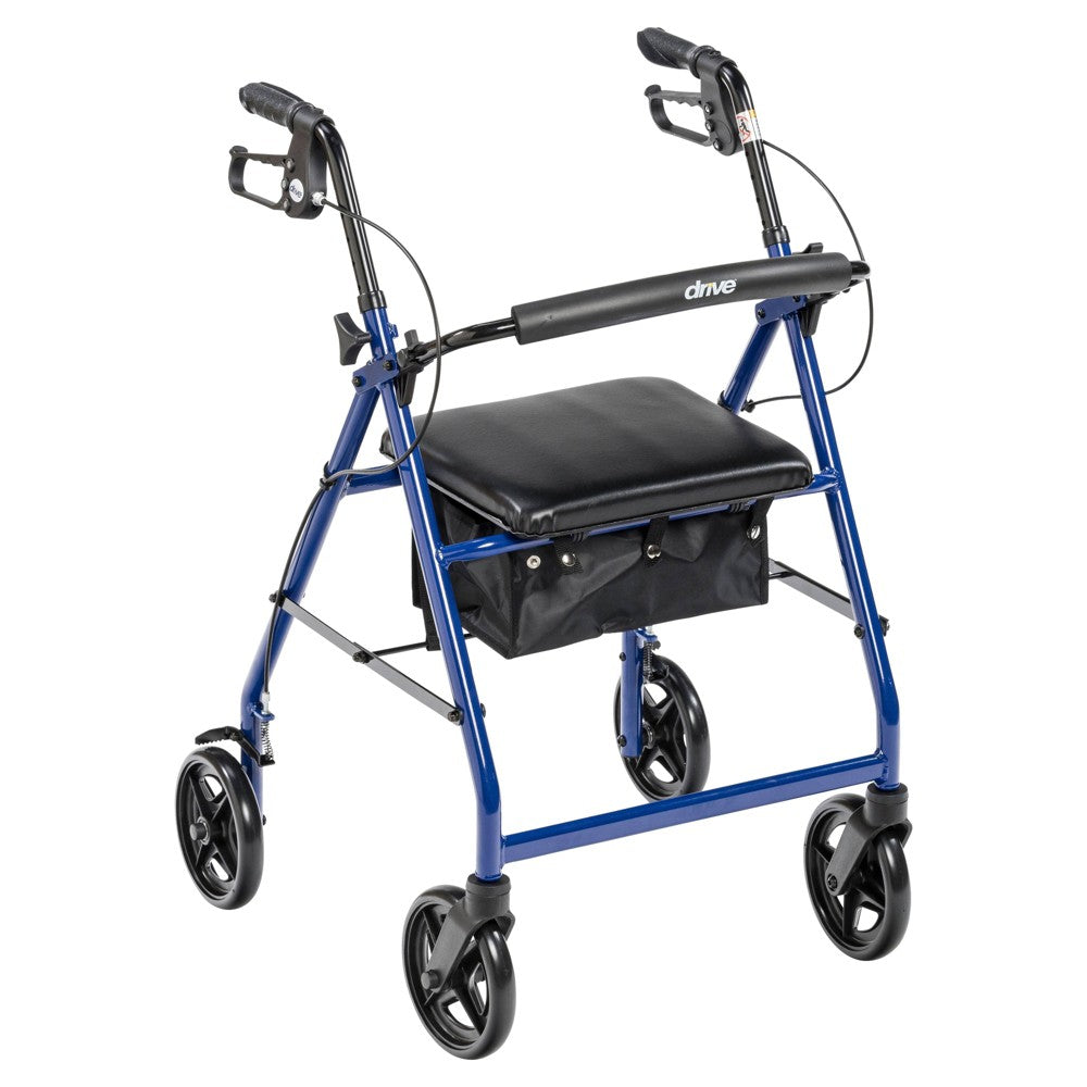 Blue rollator walker with padded seat and backrest, four rolling wheels, folding frame