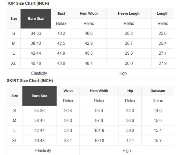 EU size chart for top and skirt set: S–XL bust, sleeve, waist, hem width