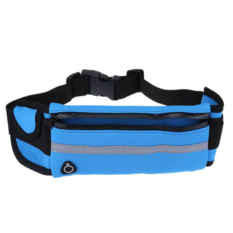 Blue sports running belt with reflective stripe, zip pocket, and adjustable strap