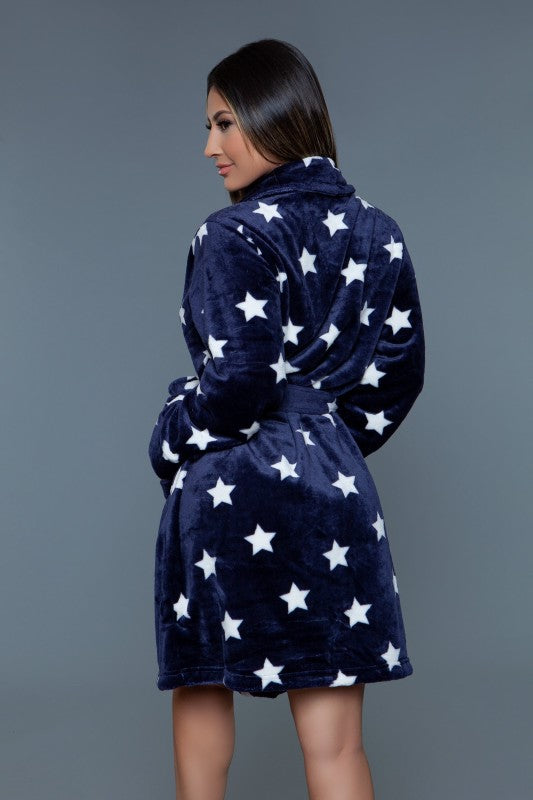Kaylee robe in navy with white star print, hooded neckline, tie belt, back view