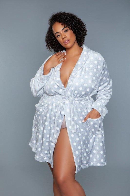 Light blue polka-dot robe with tie belt, shawl collar, long sleeves, and side pockets