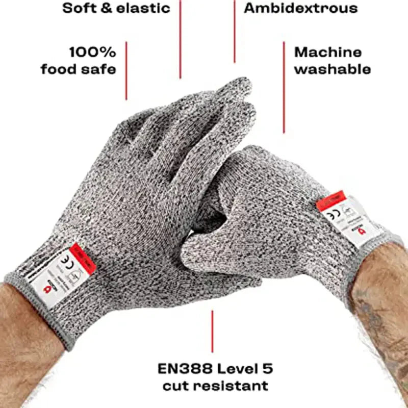 Grey cut-resistant gloves pair, wrist cuffs and size/EN388 label patches visible