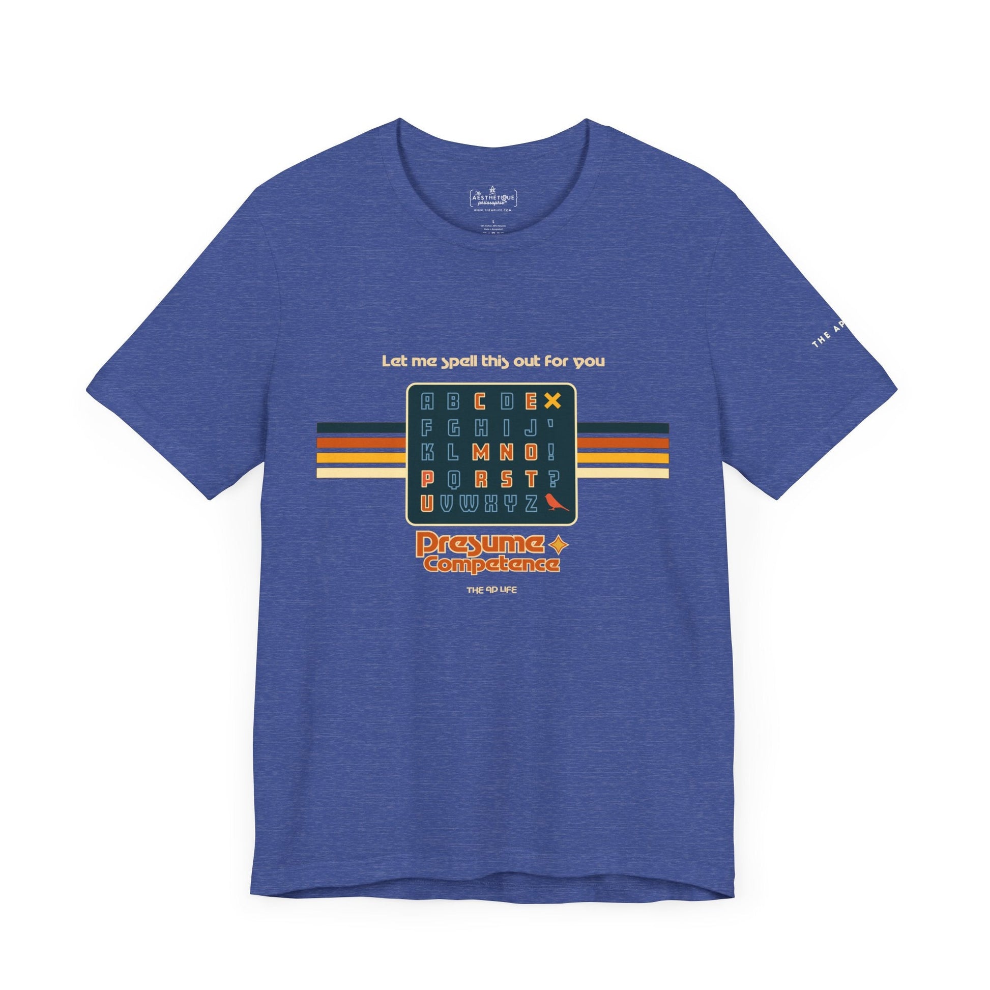 Heather blue unisex jersey tee with spelling-themed letter grid graphic on front, centered view