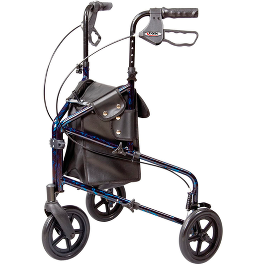 Carex Trio rolling walker with blue frame, padded seat, and loop support handles
