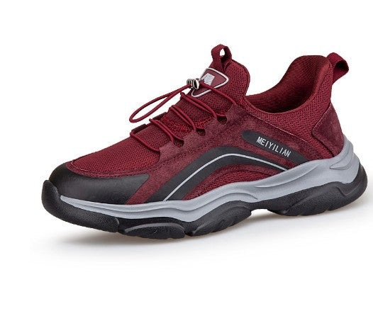 Women's outdoor mesh casual shoe in dark red with lace-up and thick rubber sole