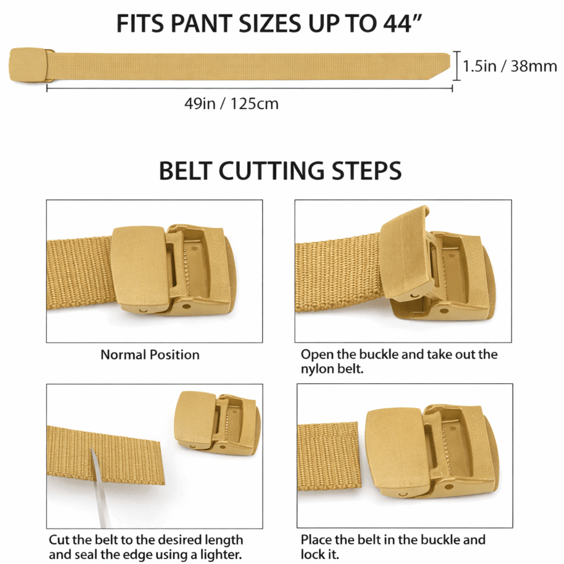 Adjustable nylon belt with plastic buckle, tan webbing laid flat with buckle end visible.