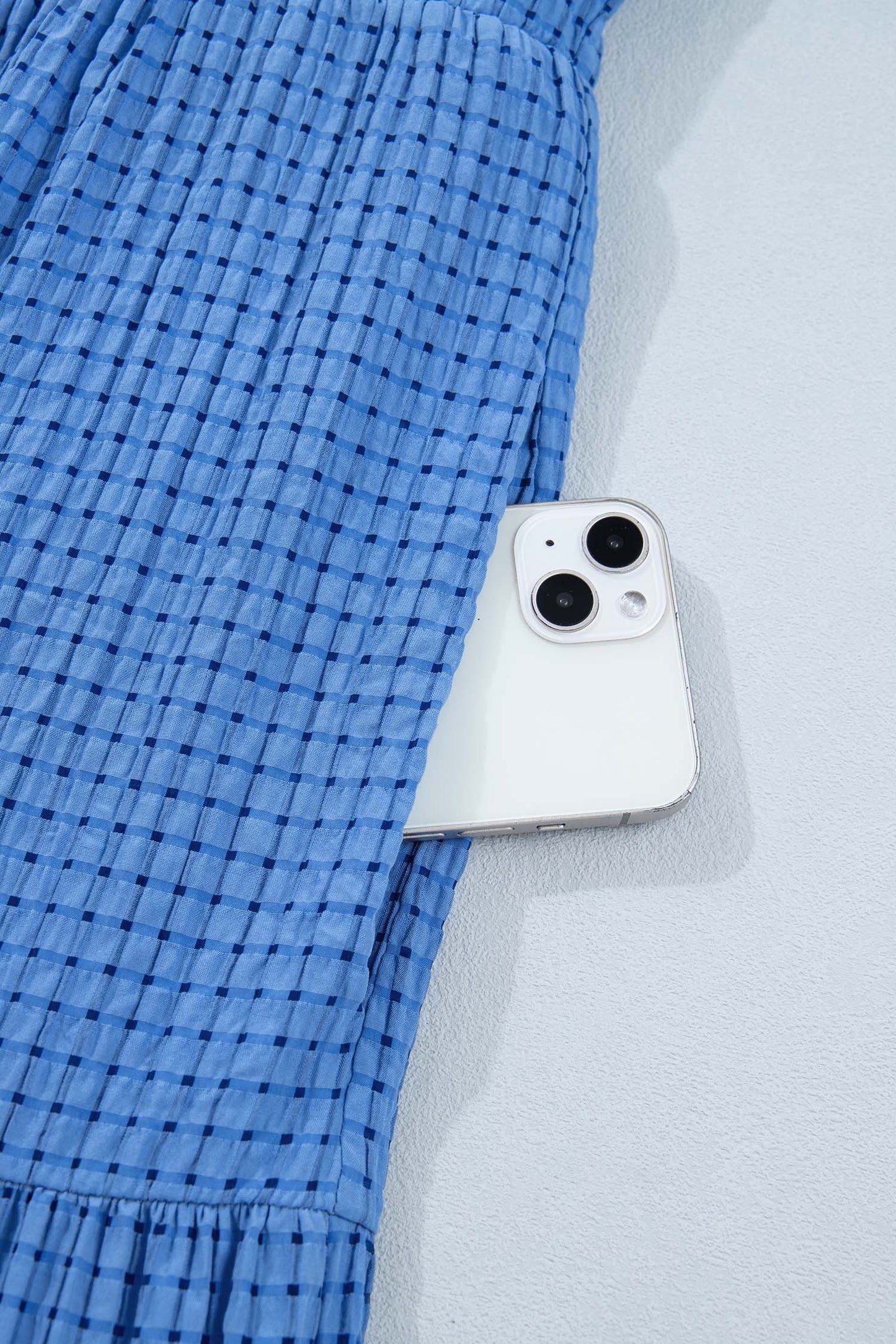 Dusk blue checkered midi dress sleeve with gathered cuff and tied detail