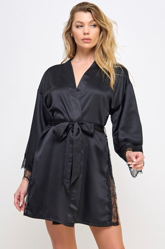 Black satin robe with V-neck and waist tie belt, lace-trimmed cuffs on sleeves