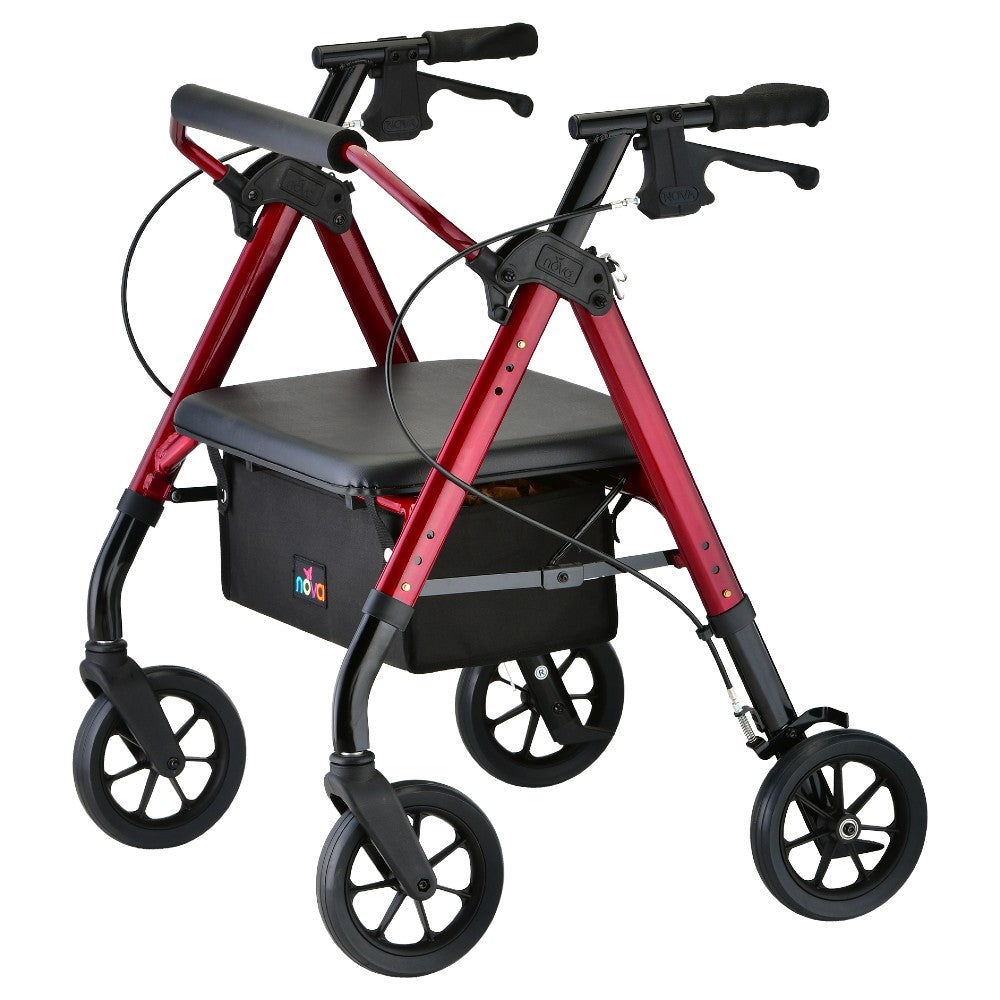 Red NOVA Star HD petite rollator walker with black padded seat and storage bag
