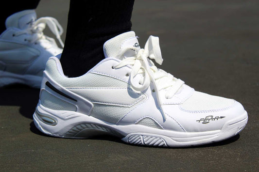 Men's white walking shoes with lace-up design and cushioned sole