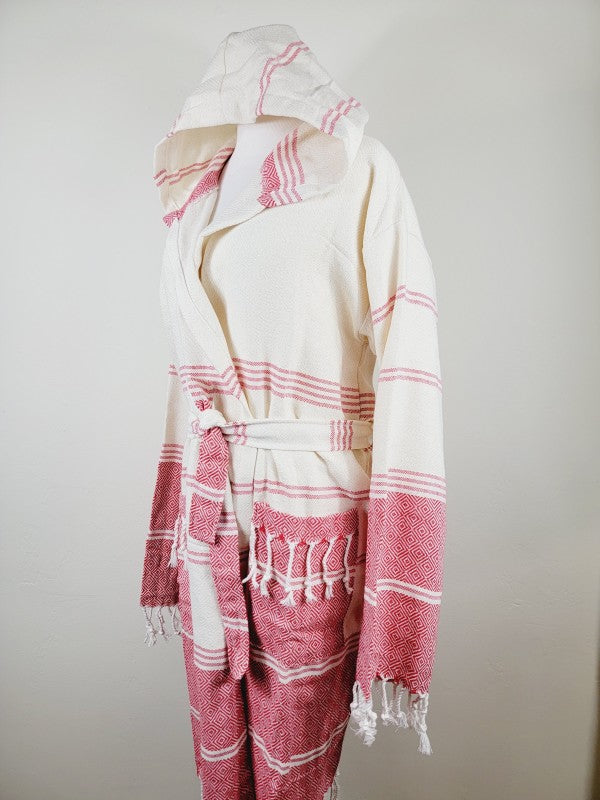 Unisex hooded robe, back view, white with pink-red striped waist belt