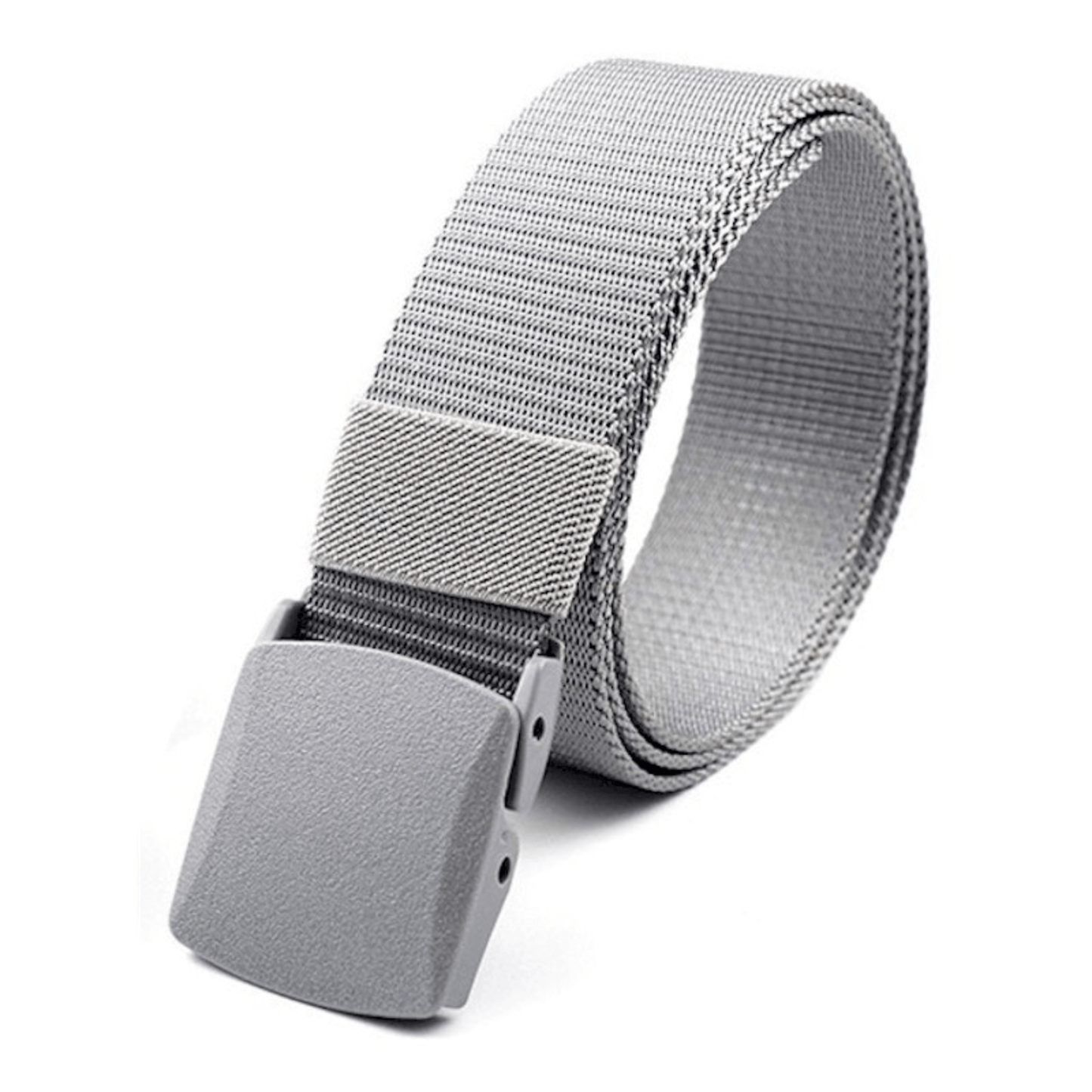 Adjustable nylon belt with plastic buckle, light grey webbing, close-up side view.