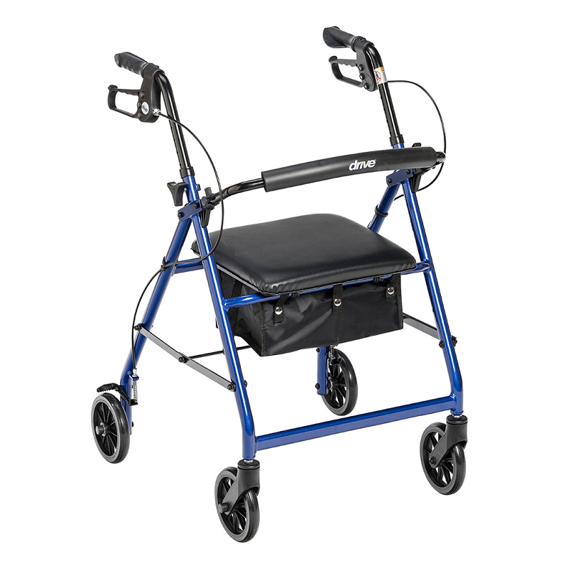 Blue rollator walker with padded seat and removable back support, 6" wheels