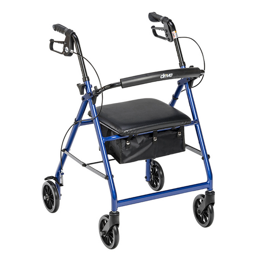 Blue rollator walker with padded seat and removable back support, 6" wheels