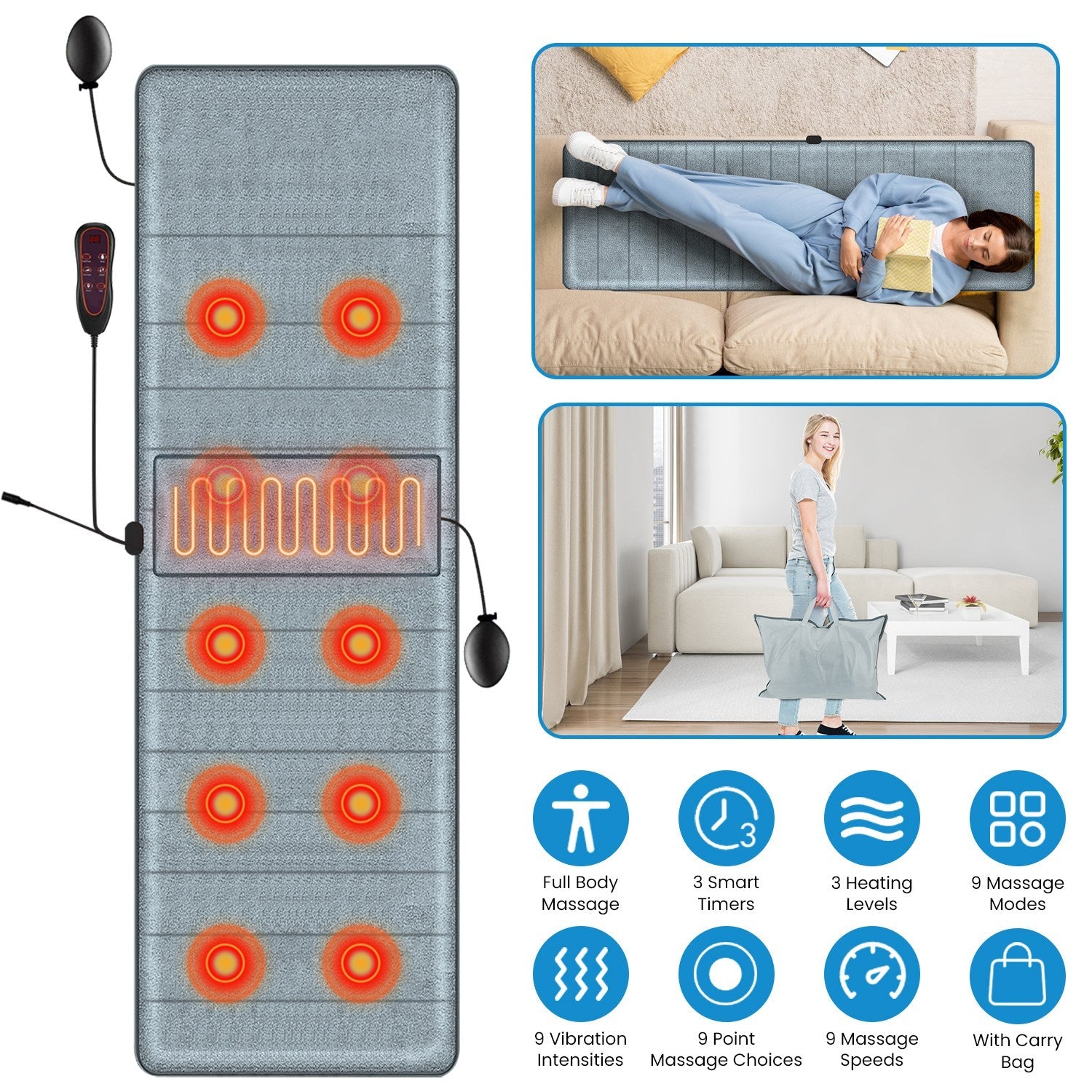 Grey full-body massage mat with red heat circles and bar, wired remote, and two ball units.