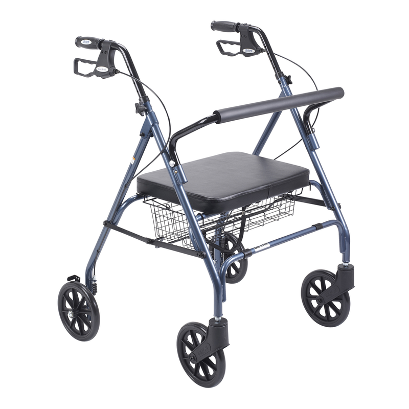 Blue rollator walker with black padded seat, hand brakes, and wire storage basket
