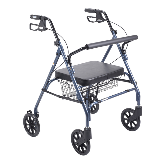 Blue rollator walker with black padded seat, hand brakes, and wire storage basket