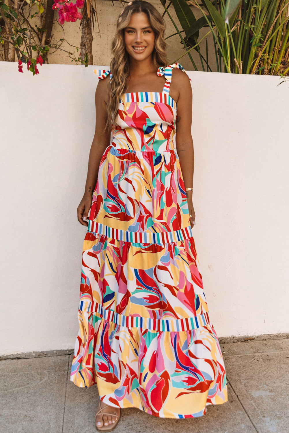 Multicolor striped-trim tiered maxi sundress with bow-tie shoulder straps and wide ruffles