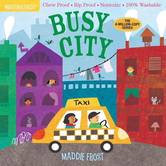 Busy City children's book cover, illustrated taxi and city buildings