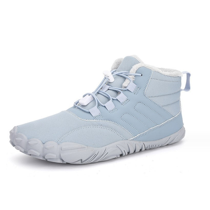 Men's light-blue snow boots with lace-up front, fleece lining, and thick cushioned sole