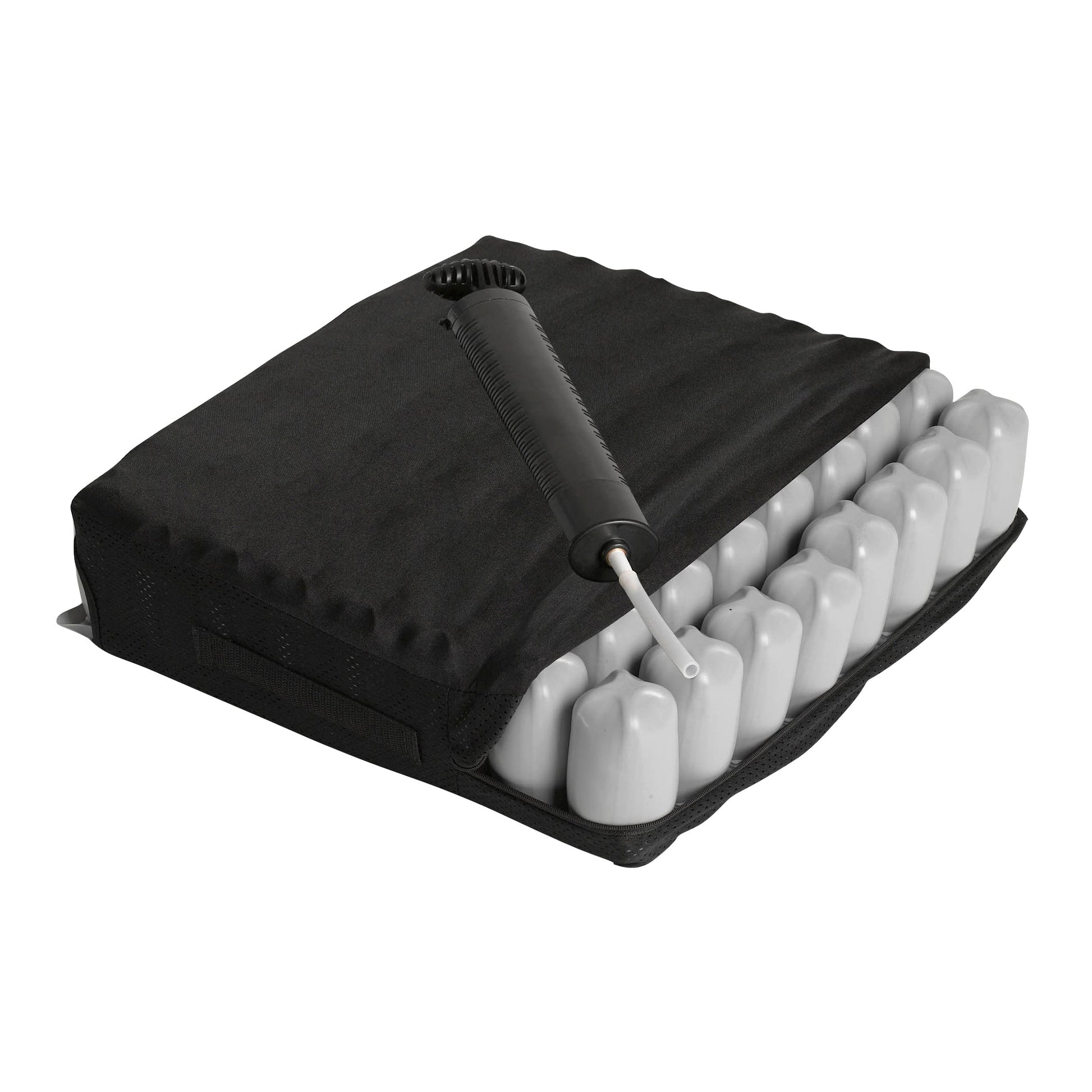 Black wheelchair cushion with contoured foam cells and valve, padded zippered cover