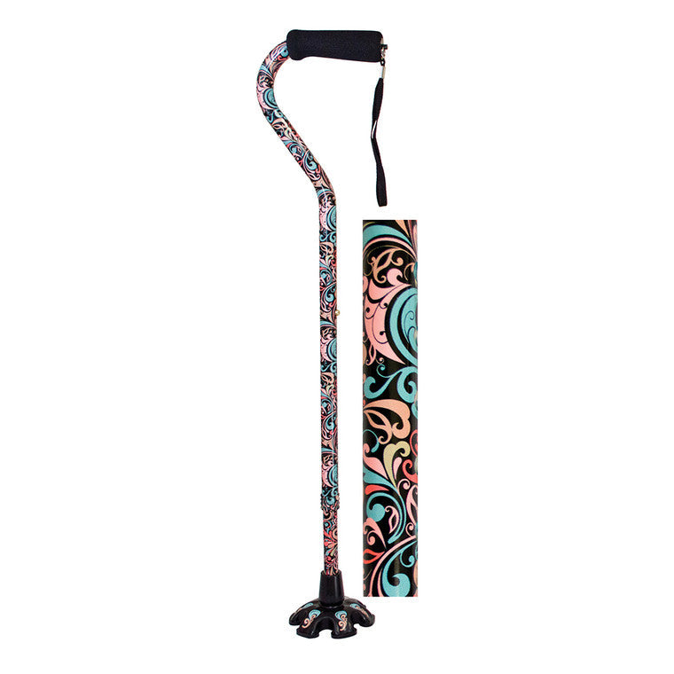 Offset walking cane with colorful swirl-patterned shaft and matching standing tip