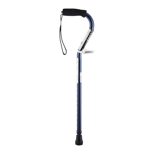 Adjustable offset cane with foam hand grip, wrist strap, blue shaft, black tip