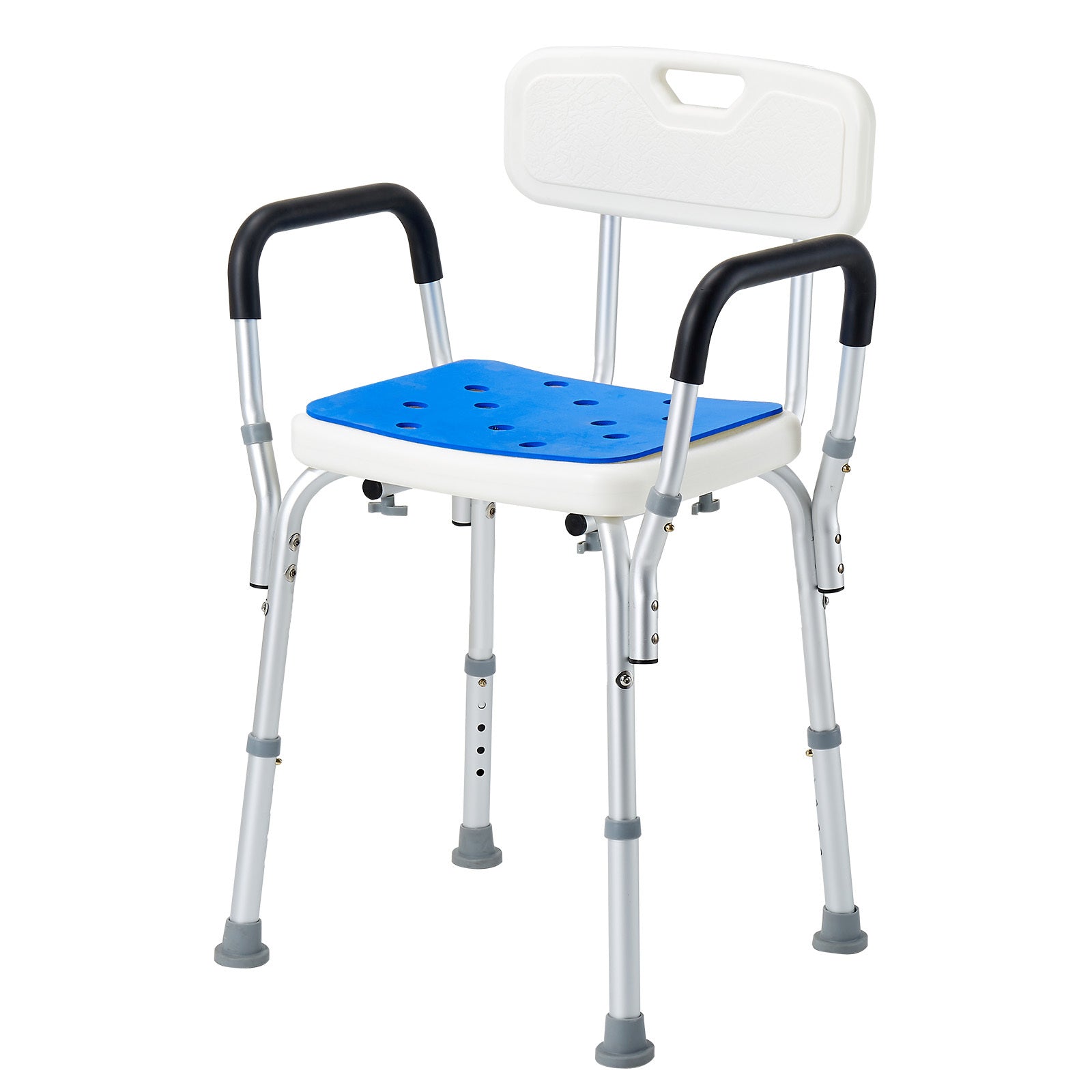 Bath chair with blue seat and white backrest on a white background