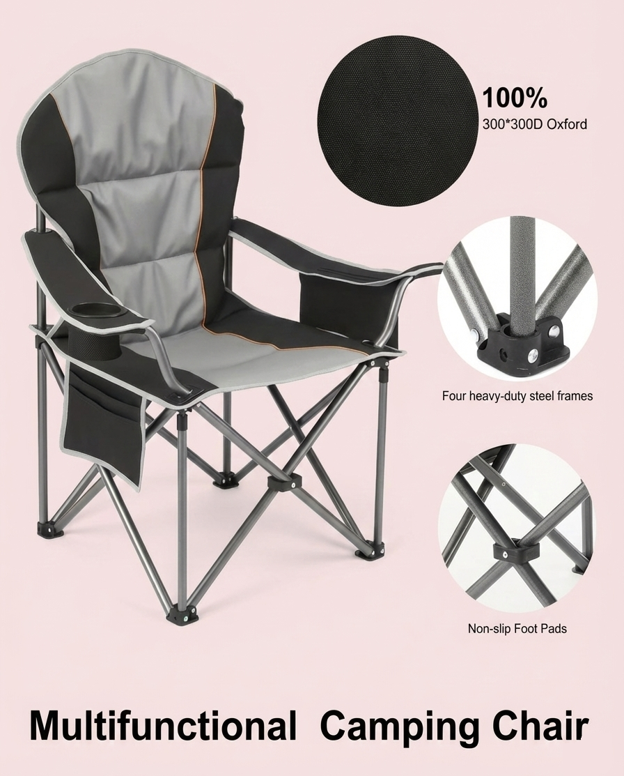 Lake blue folding camping chair with gray cushion and heavy-duty steel frame with non-slip pads.
