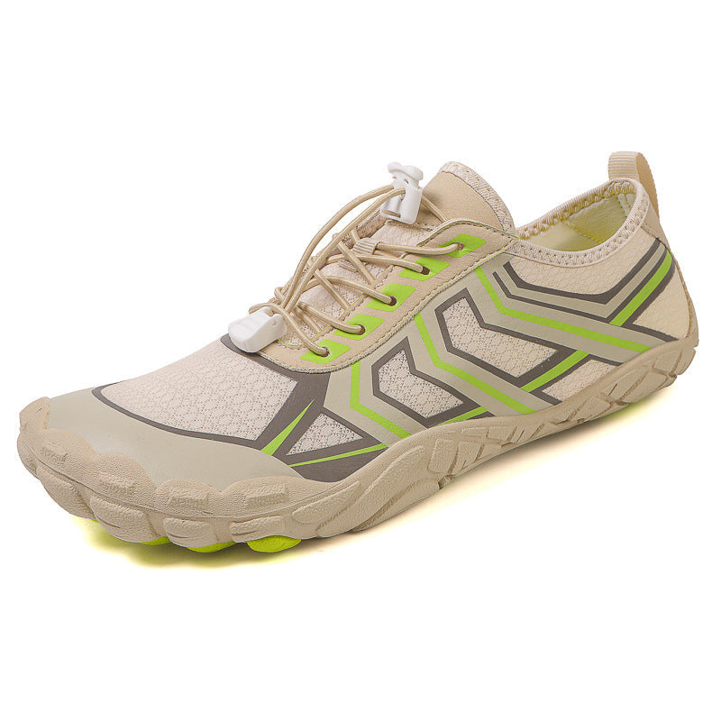 Men and women travel leisure shoes, beige knit with green accents and cushioned textured outsole