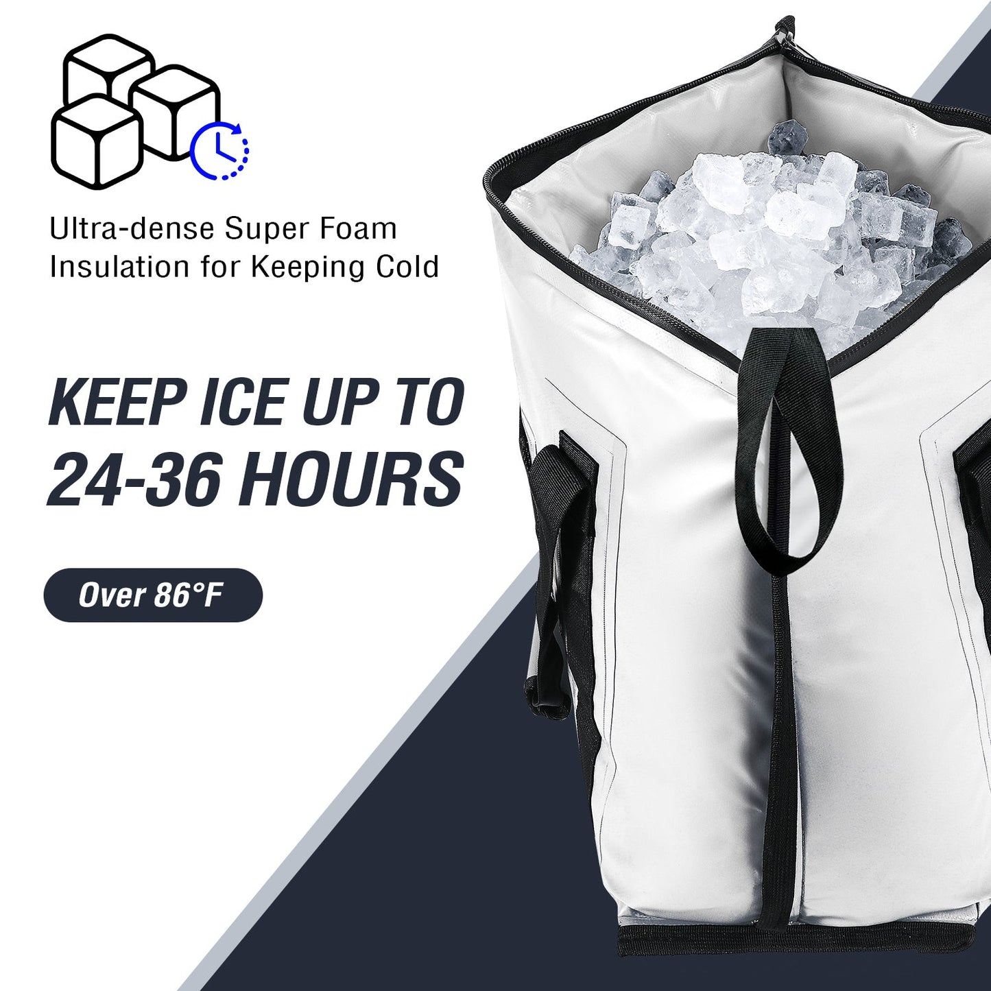 White cooler bag with open top, ice cubes inside, black trim