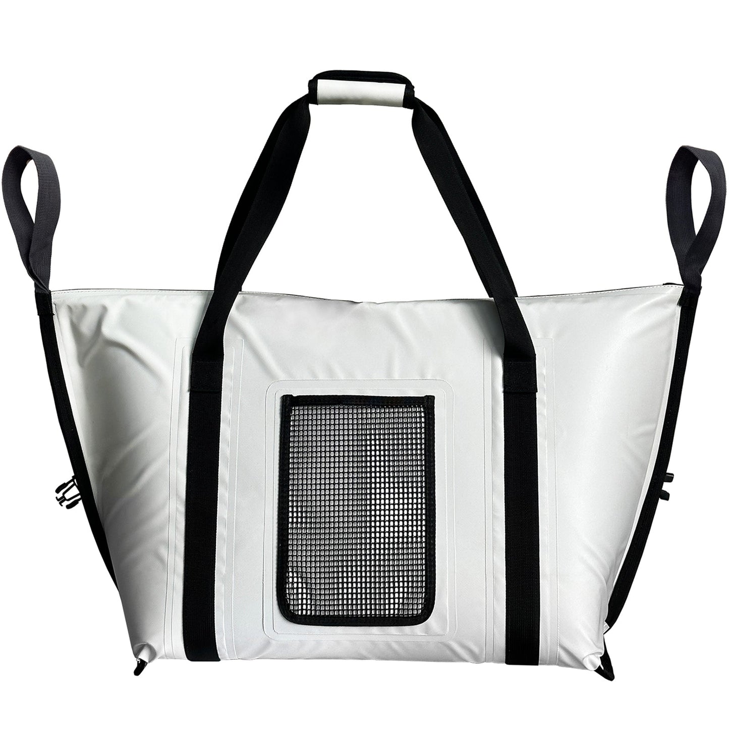 White insulated cooler bag with black trim and front mesh accessory pocket