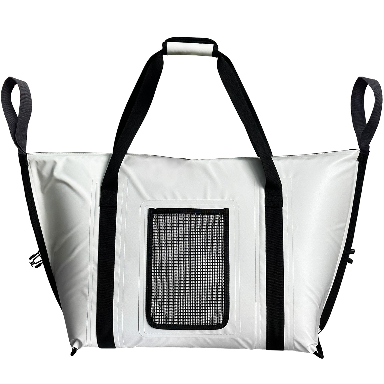 White insulated cooler bag with black trim and front mesh accessory pocket