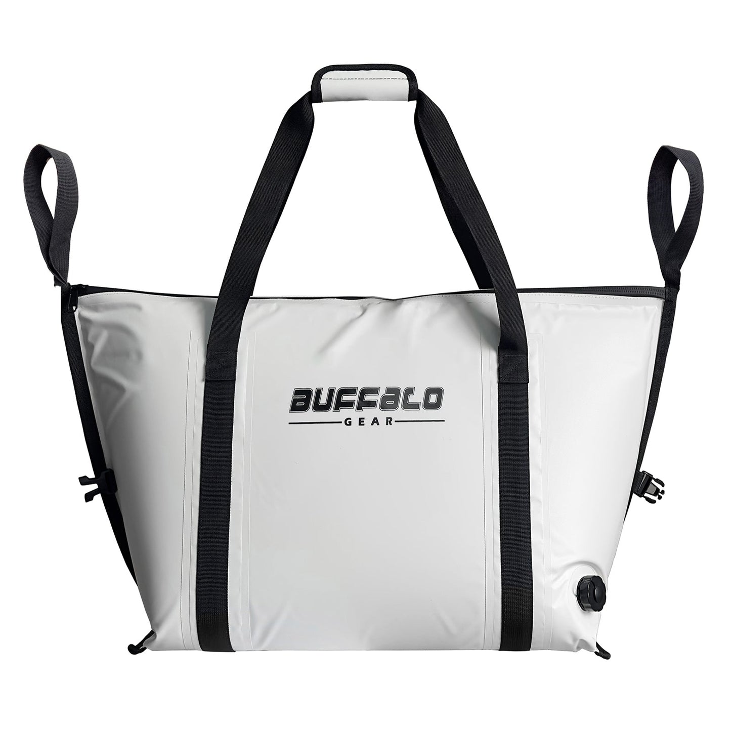 White insulated fish cooler bag with black straps and handles, flat bottom