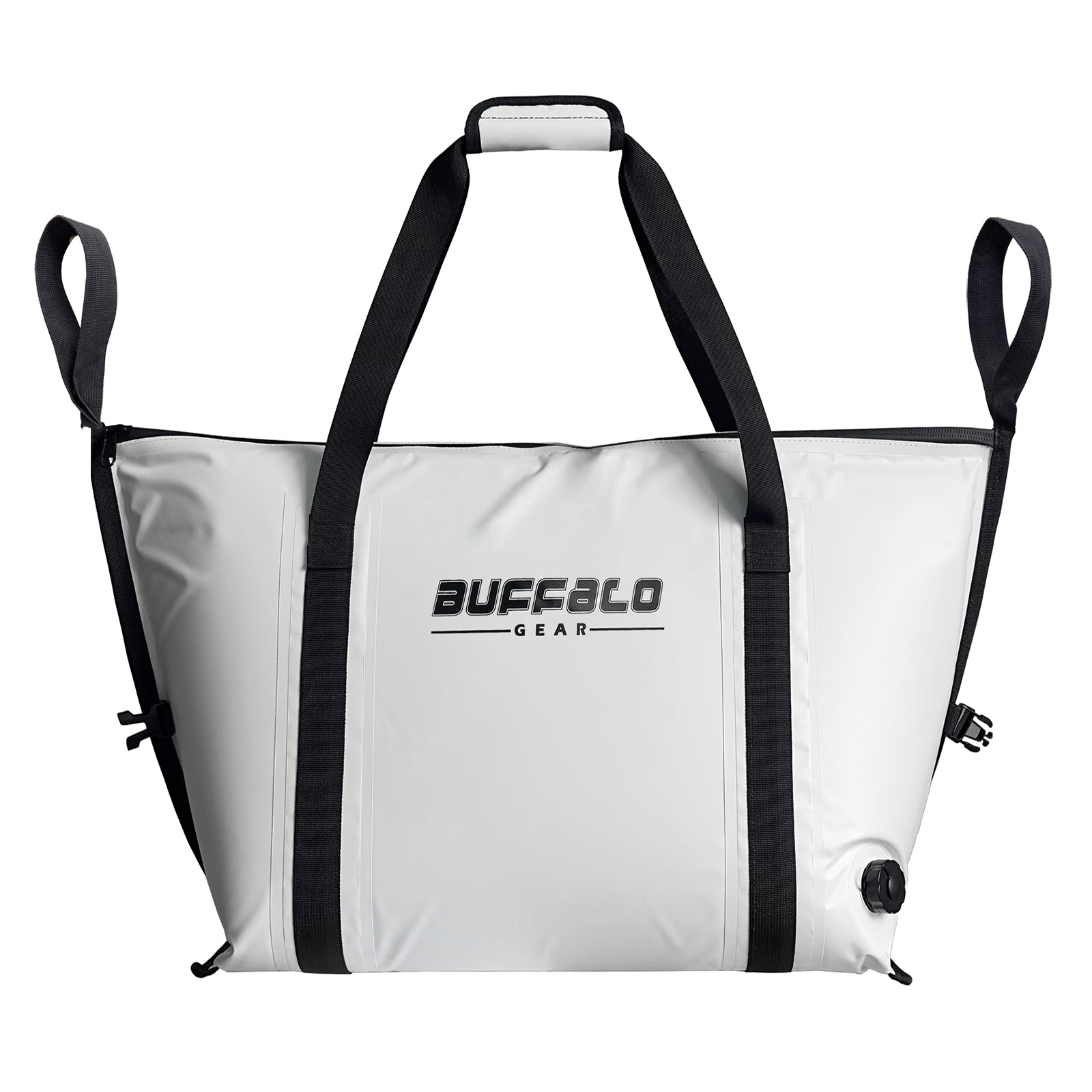 White insulated fish cooler bag with black straps and handles, flat bottom