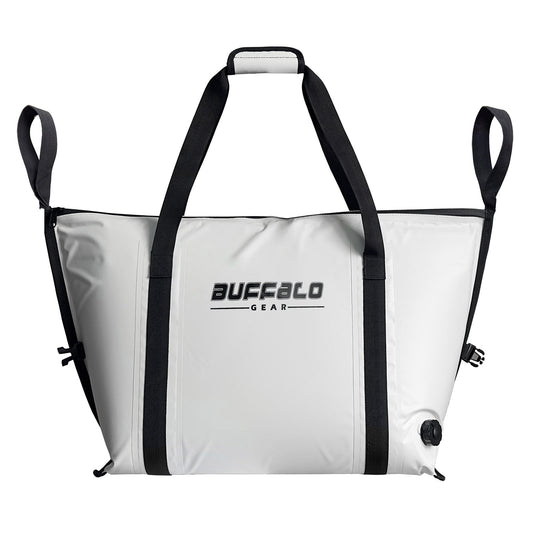White insulated fish cooler bag with black straps and handles, flat bottom