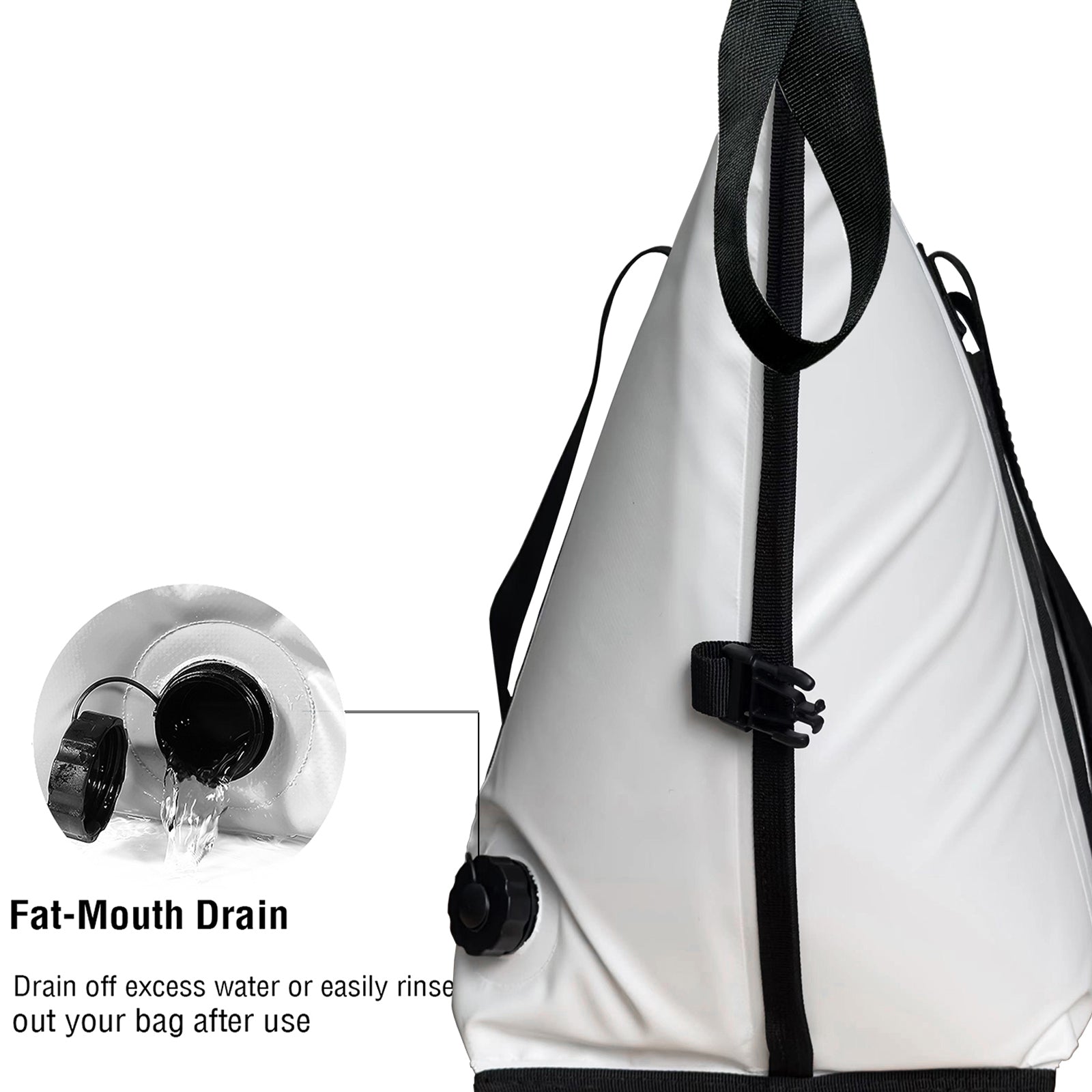White cooler bag with black drain spout and side carry strap