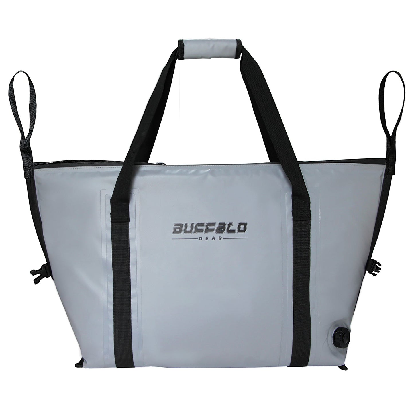 White insulated fish cooler bag with black straps and front logo panel