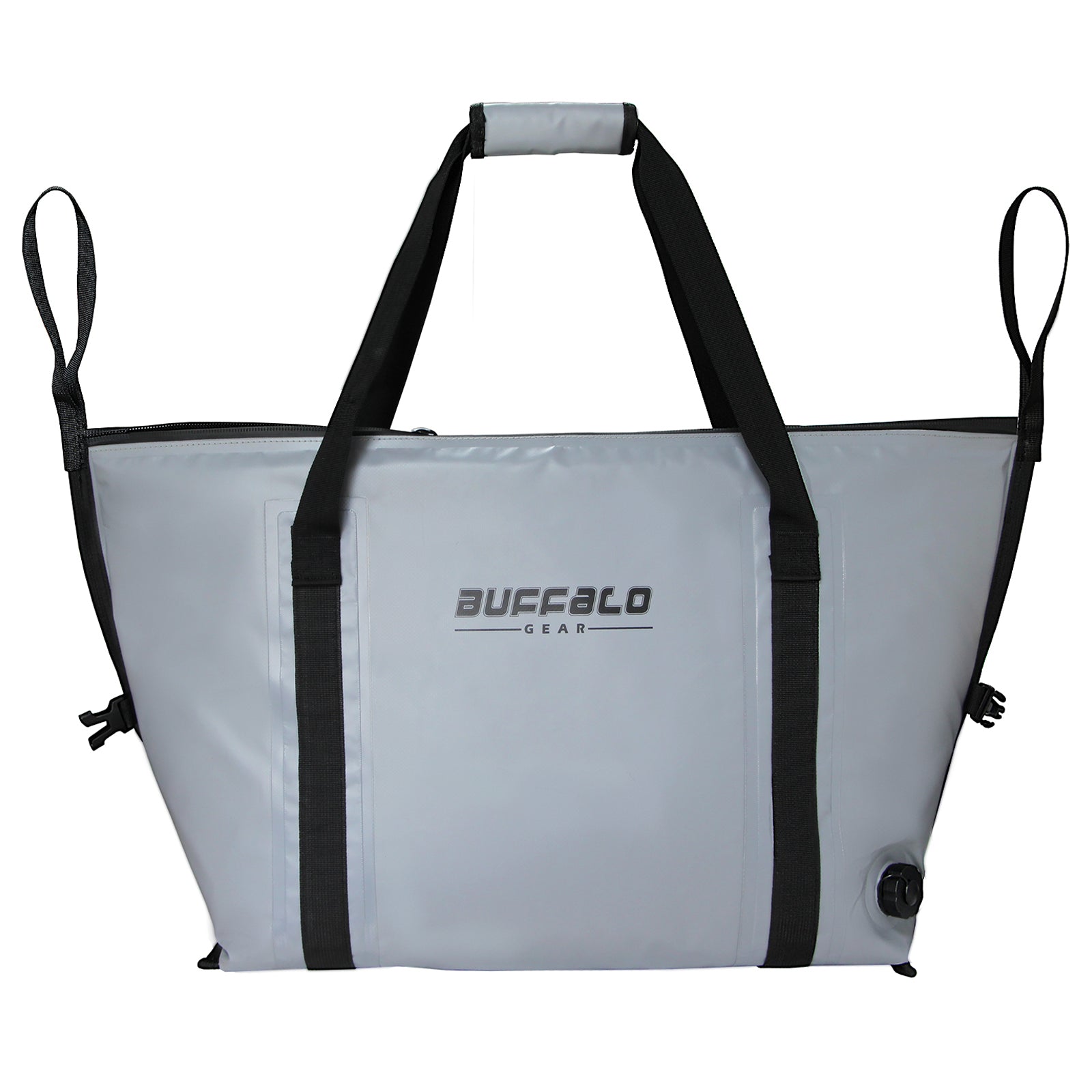 White insulated fish cooler bag with black straps and front logo panel