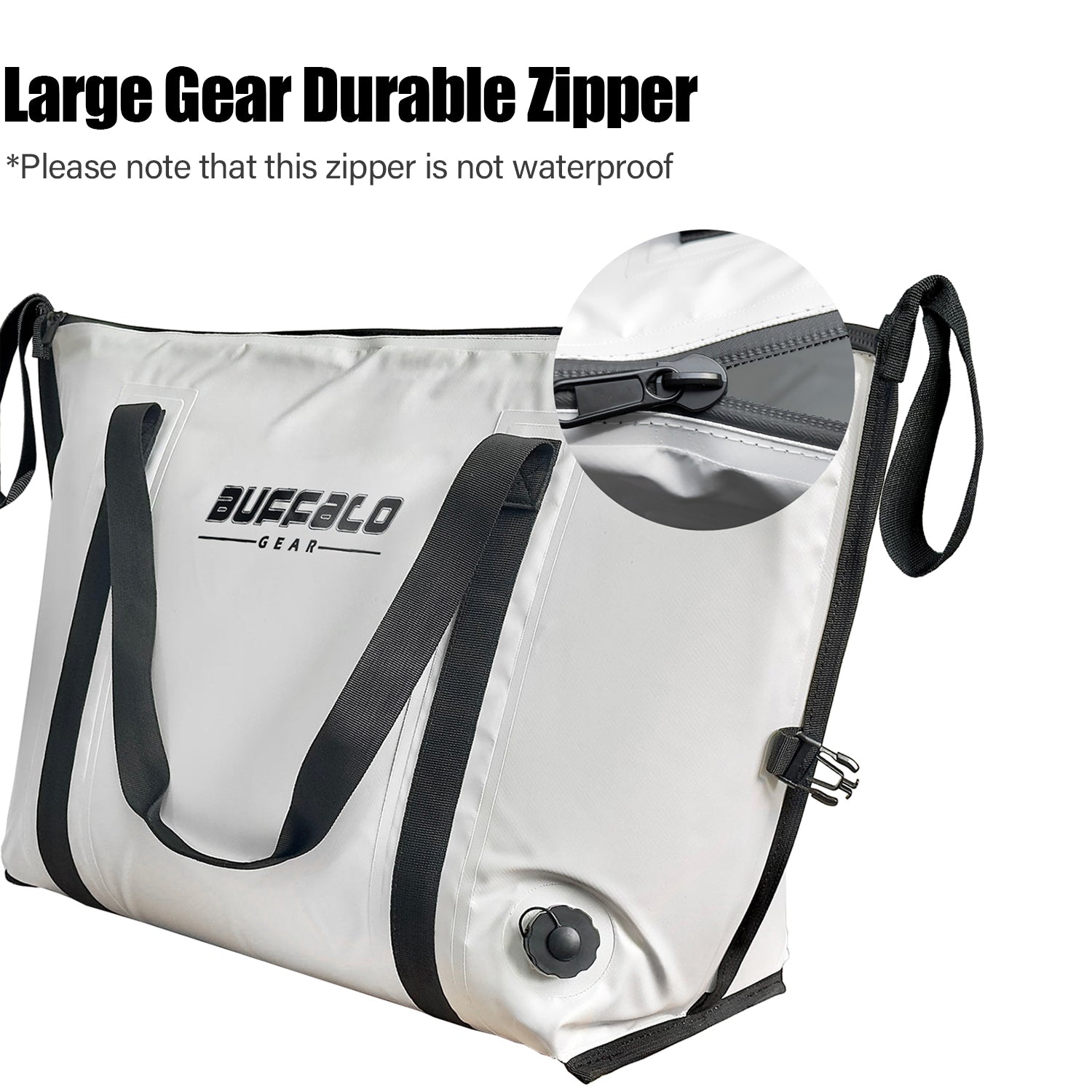 White cooler bag with durable zipper closure and black carrying straps