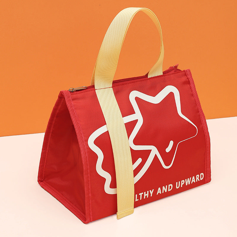 Insulated lunch bag in red with star graphic and “LTHY AND UPWARD” text