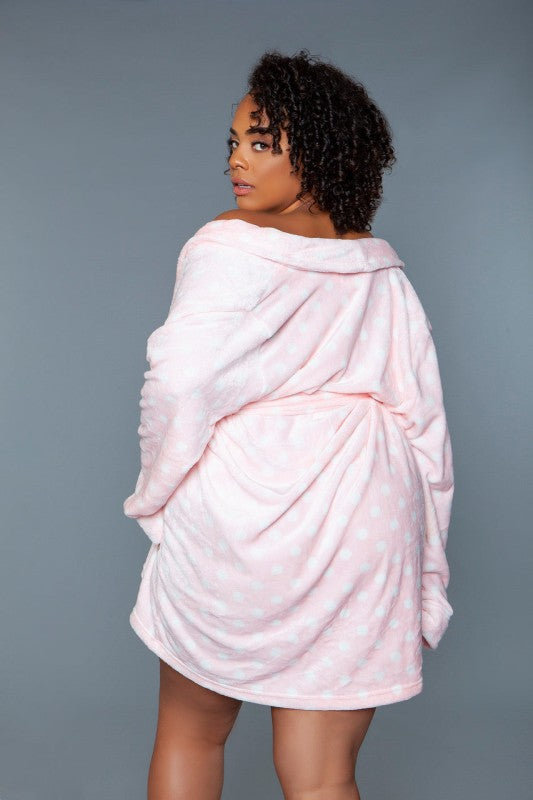 Light pink plush hooded robe with V-neck wrap and tie belt, back view