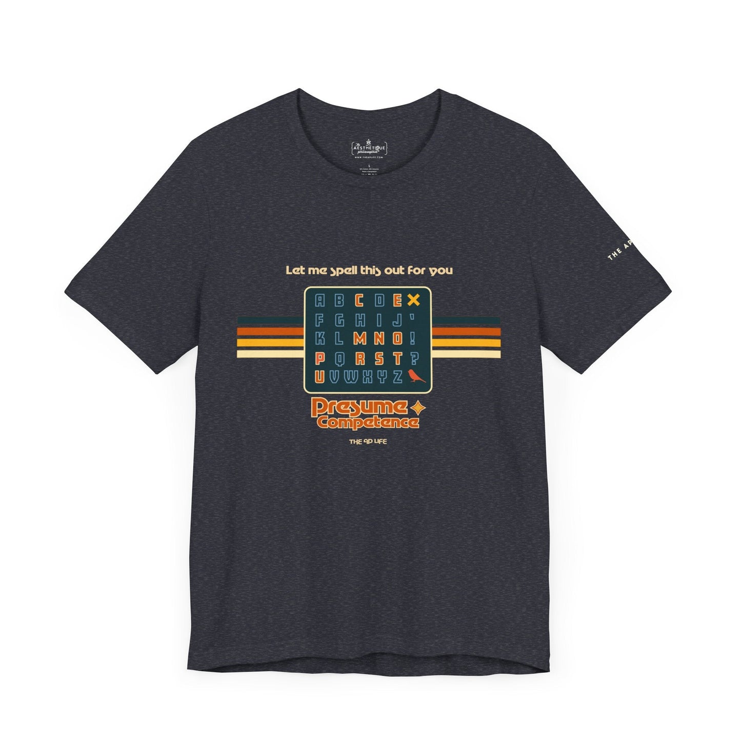 Dark heather unisex jersey tee with spelling-themed letter grid graphic on front